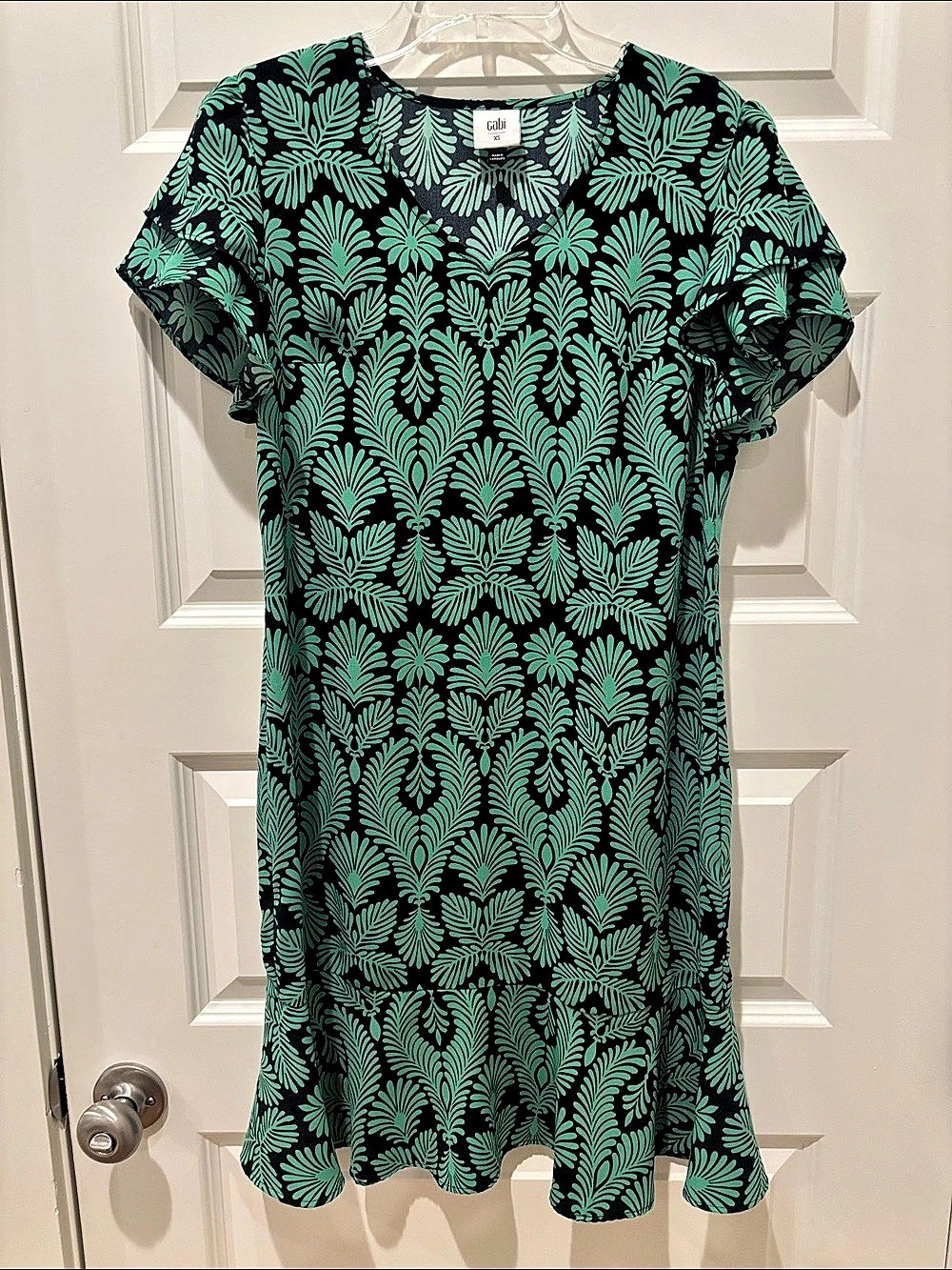 cabi Palmette Dress Green & Black Geometric Mini Dress Size XS